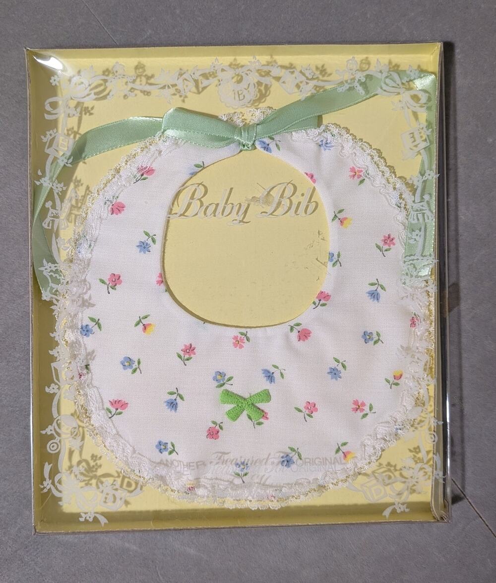 Vtg Pastel Floral Baby Bib New In Packaging Lace Trim Trim Bow 1990s Cottagecore